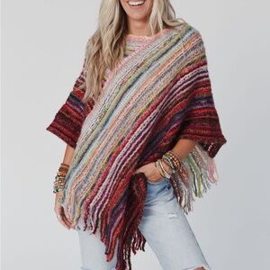 NWT On Blue Fringe Rainbow Poncho
